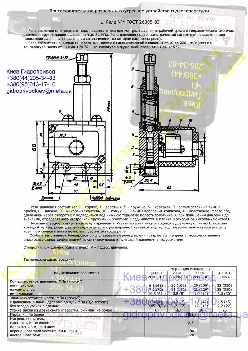   Реле давления ГОСТ 26005-83 Реле№1,  реле№2,  реле№3,  реле№4   2