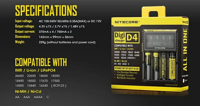 Универсальные зарядные устройства Nitecore Digicharge D4 5